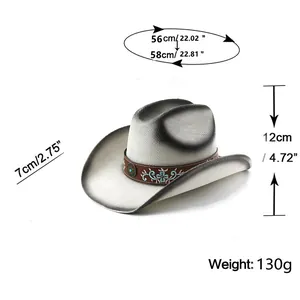 Western cowboy hat size guide showing head circumference, brim width, and hat height