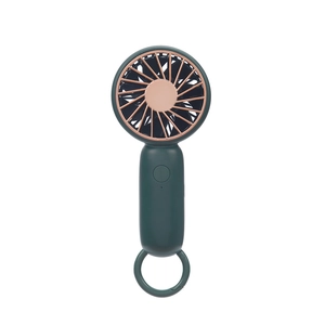 Portable USB mini pocket fan in dark green with rose gold grill and hanging carabiner clip