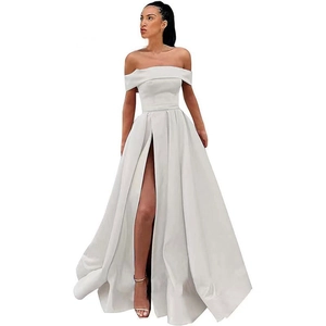 Detailed view of white off-the-shoulder satin evening gown with high side slit and long train