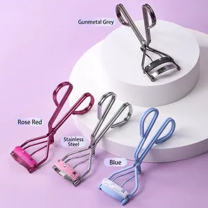 Wide angle stainless steel eyelash curlers with built-in combs in four assorted colors