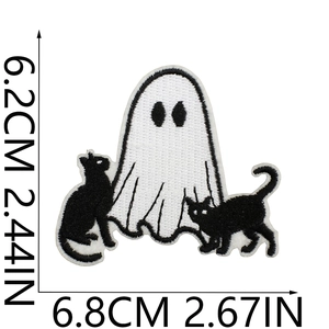 Detailed embroidery patch featuring white ghost and black cats with dimension lines