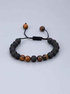 8mm lava rock and tiger eye beaded bracelet for men with adjustable black braided cord