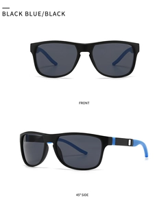 Vistas frontal y lateral de 45 grados de las gafas de sol deportivas mate en negro y azul