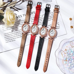 Elegant women's oval fashion watches with sparkling rhinestone bezel and leather straps