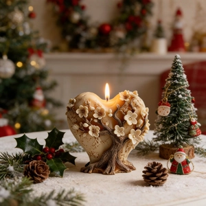 Künstlerische Herzkerze mit Baum-Relief und Blumen in festlicher Weihnachtsdekoration