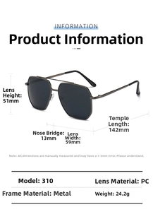 Detailed size specifications of gunmetal pilot sunglasses with metal frame dimensions