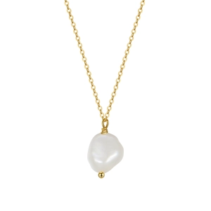Detail shot of a natural white freshwater baroque pearl pendant on a gold chain necklace