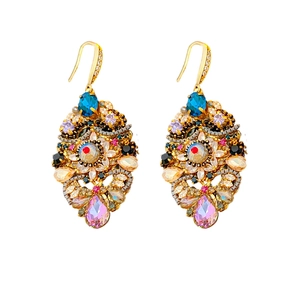 Vintage Baroque gold drop earrings with multi-colored crystals and intricate gemstone inlay