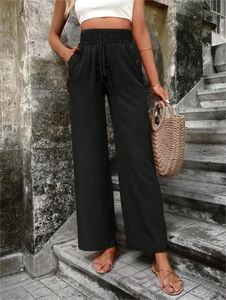 Pantalon décontracté à taille haute élastique avec cordon de serrage et tissu à texture