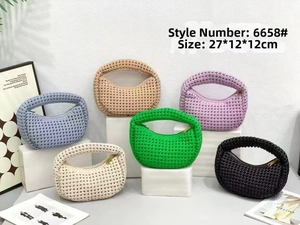 Detailed view of handmade woven crescent bags in six vibrant colors and 27x12x12cm size
