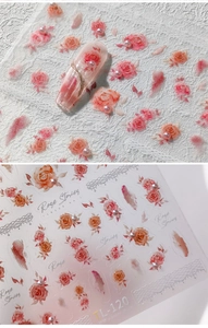 Detail of TL-120 3D nail stickers featuring pink roses, pearls, and silver lace accents