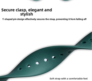 Detail of dark green silicone sports strap with T-shaped buckle for kids LED watch