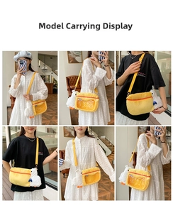 Plush yellow pelican camera bag shown in various lifestyle settings with duck pendant
