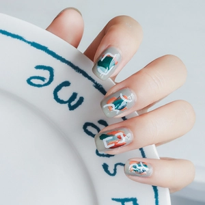 5D ultra-thin adhesive nail stickers with abstract hand-painted art in grey and green