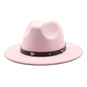 Detail of pink fedora with black leather band featuring silver stars and metal rivets