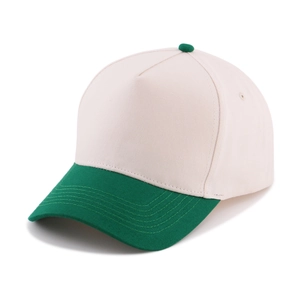Detail shot of a two-tone cotton baseball cap with cream crown and green curved brim