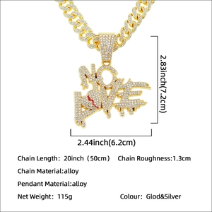 Hip hop No Love iced out heart pendant necklace with Cuban chain for men in gold and silver