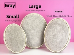 Size chart for grey jewelry display boards with pearl trim in small medium and large