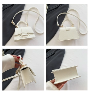 Détails du mini sac trapèze blanc montrant la texture du cuir sous quatre angles divers