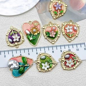 French vintage enamel flower charms in heart and leaf shapes for DIY jewelry making