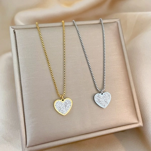 Minimalist titanium steel heart pendant necklace with zircon inlay in gold and silver