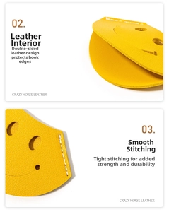 Detail of yellow Crazy Horse leather corner bookmark with stitched edge and smiley cutout