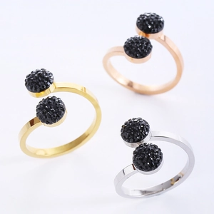 Geometric Double Black Zircon Bead Open Ring Stainless Steel Minimalist Adjustable Light Luxury Finger Jewelry For Women
