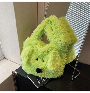 Detailed macro shot of a fluffy neon green puppy plush tote bag in high quality faux fur texture