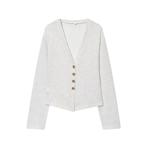 Women's light grey V-neck knit cardigan with gold buttons and soft long sleeves