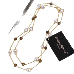 Handmade tiger eye stone and baroque pearl double-layer necklace with gold chain
