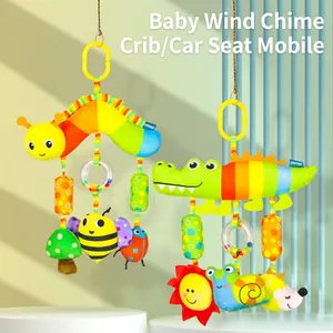 Plush baby stroller hanging toys with colorful animal shapes and teething rings