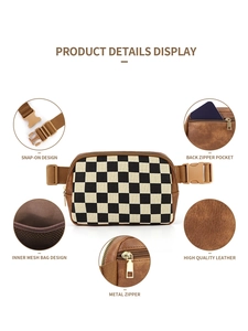 Detail display of checkerboard waist bag with snap-on design and metal zipper
