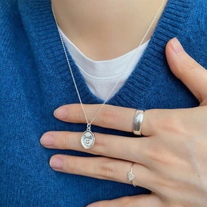 Retro 925 sterling silver smile pendant necklace and vintage rings set for women