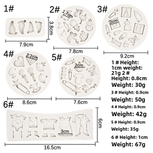 Detailed size guide for baby silicone fondant molds with dimensions and weights