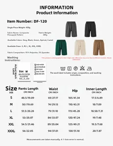 Men's casual sport shorts size chart with fabric details and multi-color options available