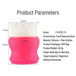 Manual double-sided facial cleansing brush with pink silicone handle and soft fiber bristles