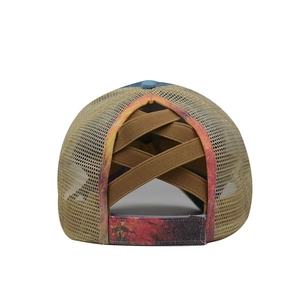 Detail of criss-cross elastic bands on washed mesh ponytail cap for high hairstyles