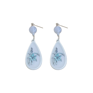 New Chinese style resin flower drop earrings with blue floral patterns and beads