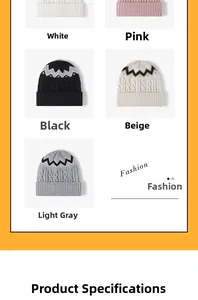 Detail view of five striped knitted beanies in white pink black beige and light gray