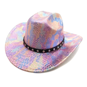 Pink iridescent snake skin western cowboy hat with black stud details for parties