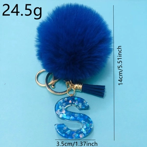 Blue resin letter S keychain with plush faux fur pompom and tassel, 14cm total height