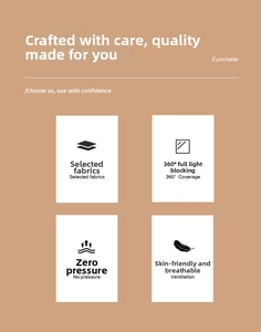 3D sleep eye mask infographic showing selected fabric, full shade and zero pressure.