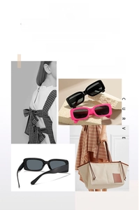 Detail view of stylish thick rectangle sunglasses in black and pink with UV protection
