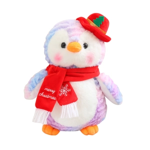 Blue-purple tie-dye Christmas penguin plush with red Santa hat and festive scarf