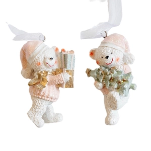 Christmas bear resin ornaments set with pink sweaters and miniature gift boxes
