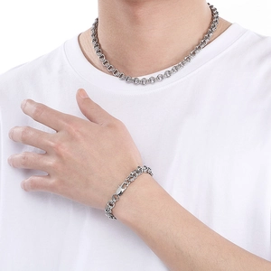 Detailansicht der silbernen Edelstahl-O-Ketten Halskette und des Armband-Sets für Herren