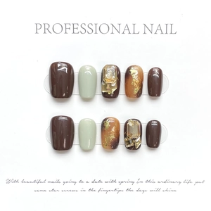 Handmade Press On Nails Amber Smudge Gold Foil 3D Rhinestone Maillard Style French Luxury Square Round Tips For Women