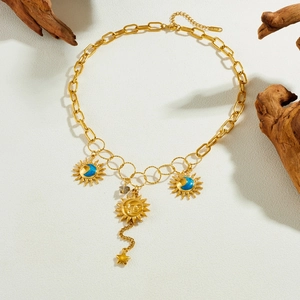 Gold plated stainless steel O-chain necklace with celestial sun and star pendants
