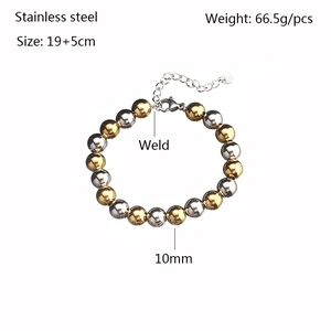 Detail of 10mm two-tone stainless steel bead bracelet with size and weight dimensions