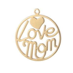 Golden round Love Mom pendant with hollow heart design in stainless steel for Mother's Day